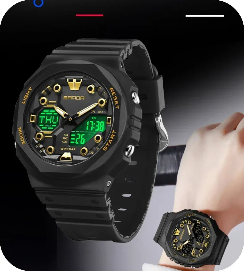 SANDA 6200 Herren-Sportuhr, Militäruhren, Herrenuhr, 50 m wasserdicht, Stoppuhr, Armbanduhr, Alarm, LED-Licht, digitale Uhren