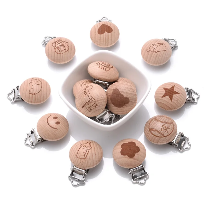 10Pcs Round Printing Beech Wood Teething Clip Chew Soother Pacifier Clip Chain For Nipple Chain Clip Nursing Product Wholesale