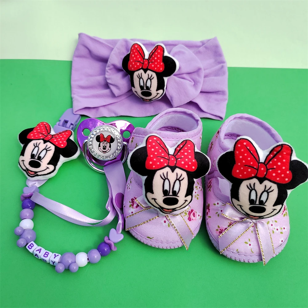 [Yeni] mor küçük çiçek baskı bebek eşleşen peluş Minnie fare kız saç bandı seti 0-8M iç uzunluğu 11cm sandalet kızlar için Boy