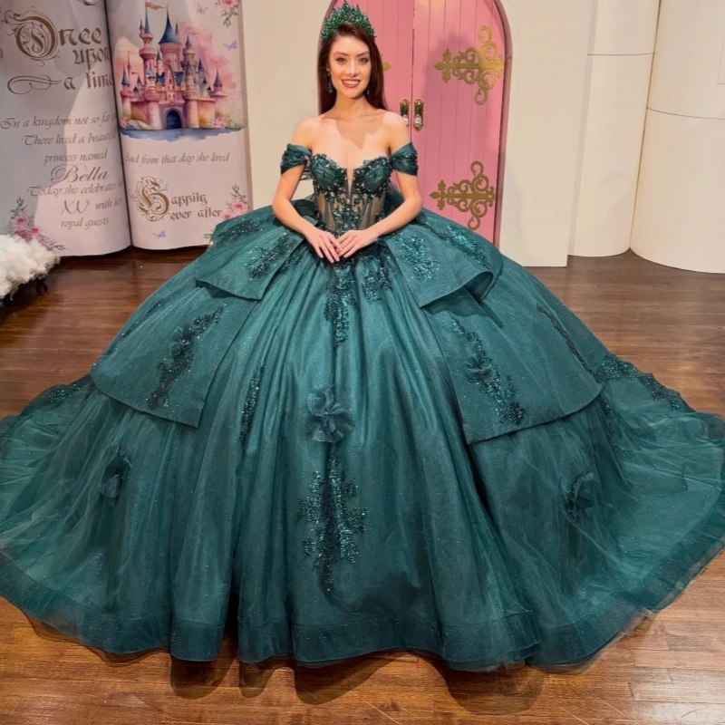 

Dark Green Shiny Quinceanera Dresses Off The Shoulder Applique Flower Beading Crystal Tull Party Birthday Sweet 16 Dress Vestido