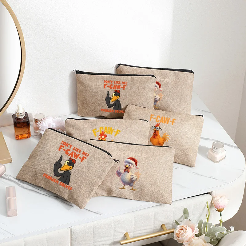 

2026 New F-CAW-F Chicken Cartoon Style Linen Makeup Bag and Linen Cosmetics Bag Party Gift New Year Gifts for Girlfriend