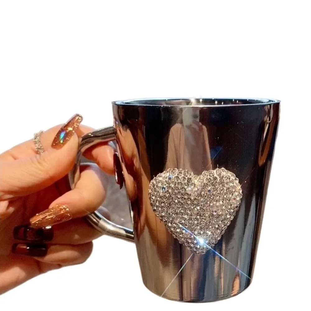 Creative Rhinestone Heart Love Mug 304 Stainless Steel Coffee Cup Portable Aesthetic Water Cup for Office Home Ins Style Gift