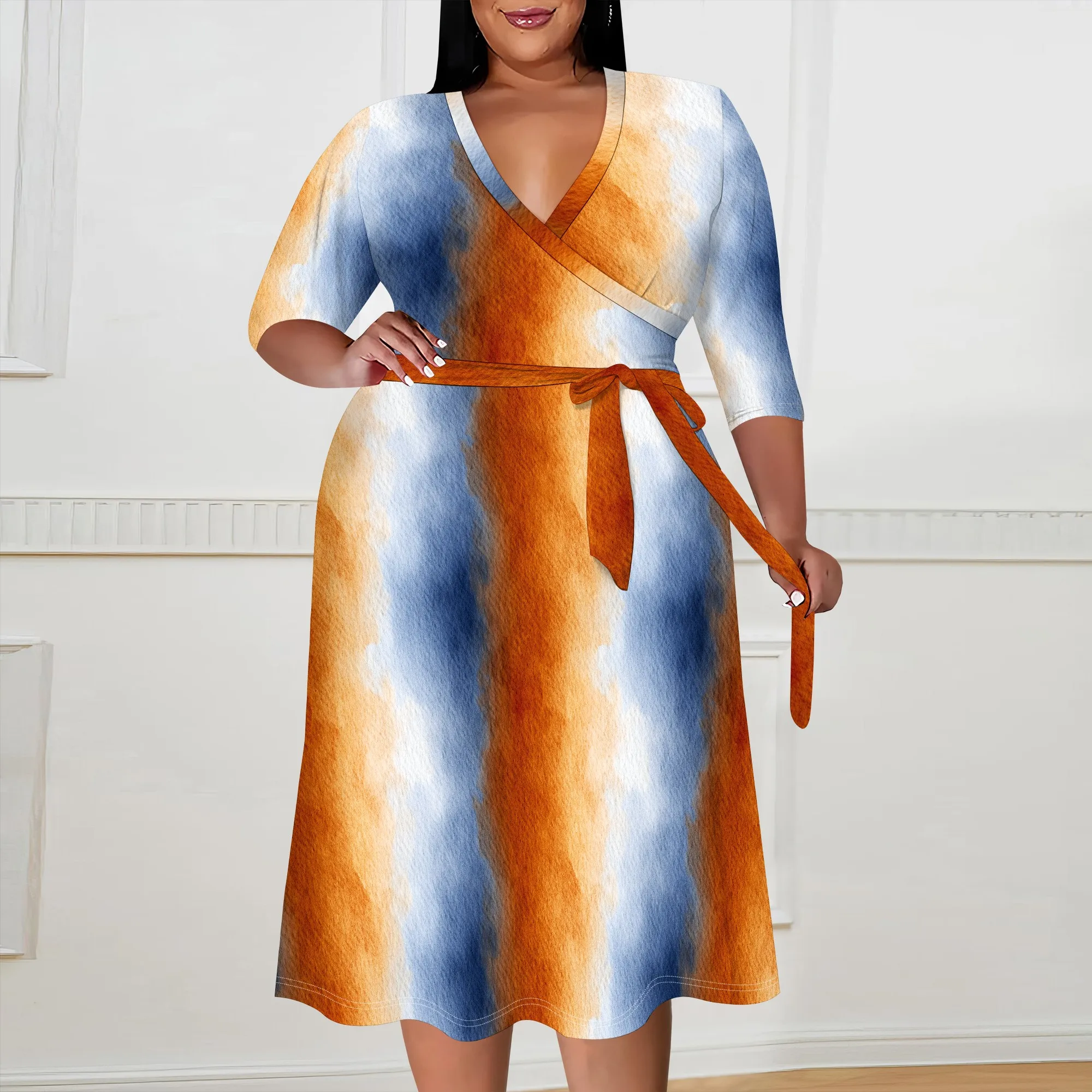 

Plus Size Watercolor Wrap Dress XL-6XL Elegant Striped Gradient Print V-Neck Midi Dress for Office, Brunch or Daily Wear