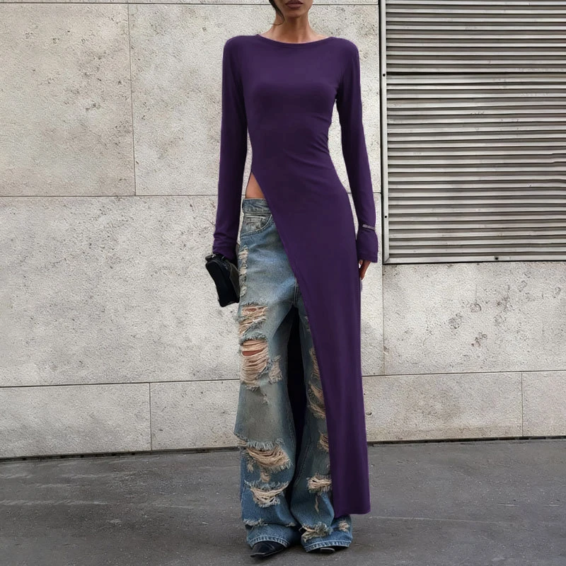 Fashion Solid Color O-neck Long Tops High Street Irregular Split Long Sleeve Women's Vestidos Casual Hollow Out Commute Tank Top