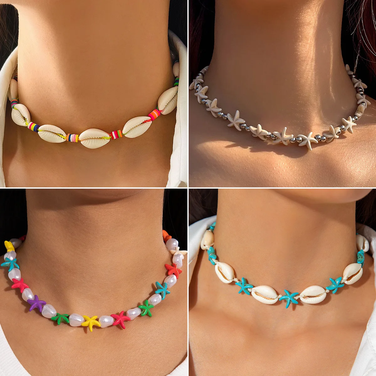 Shell jewelry, Bohemian beach series starfish beaded necklace, seaside vacation style single-layer necklace