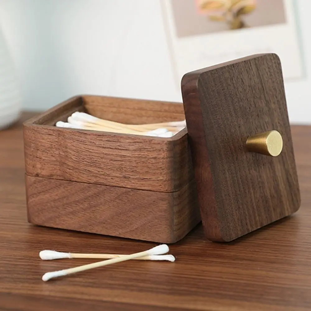 

Jewelry Box Portable Desktop Toothpick Box Walnut wood with Cover Dental Floss Box Durable Reusable Cotton Swab Jar Daily Use