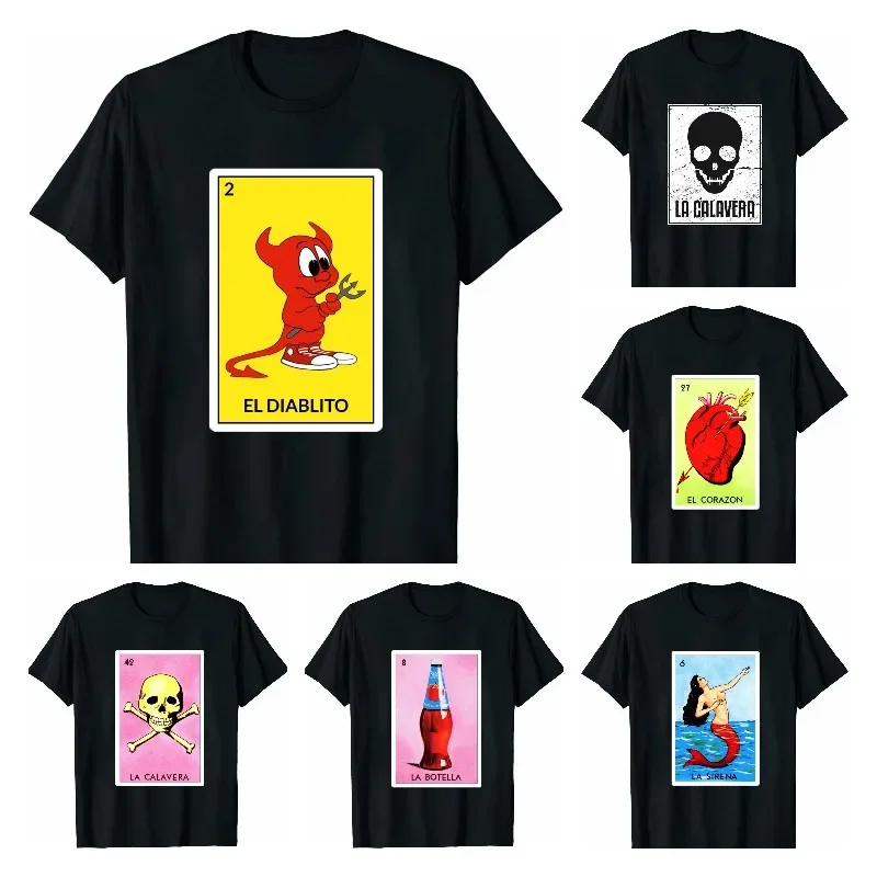 

EL DIABLITO Loteria Card Mexican Bingo GraphicT-Shirt Novelty Funny Family Tee Black Oversized Short Sleeve for Men Women