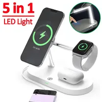 5 in 1 Magnetic Wireless Charger LED For iPhone 16 15 14 13 12 Apple Watch10-2 Airpods Pro USB Charge Port Fast Charging Station