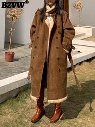 BZVW Elegant Long Lamb Woolen Coat Women's Lapel Double Breasted Color Block Belt Gathered Waist Long Coats Female 25Z1169