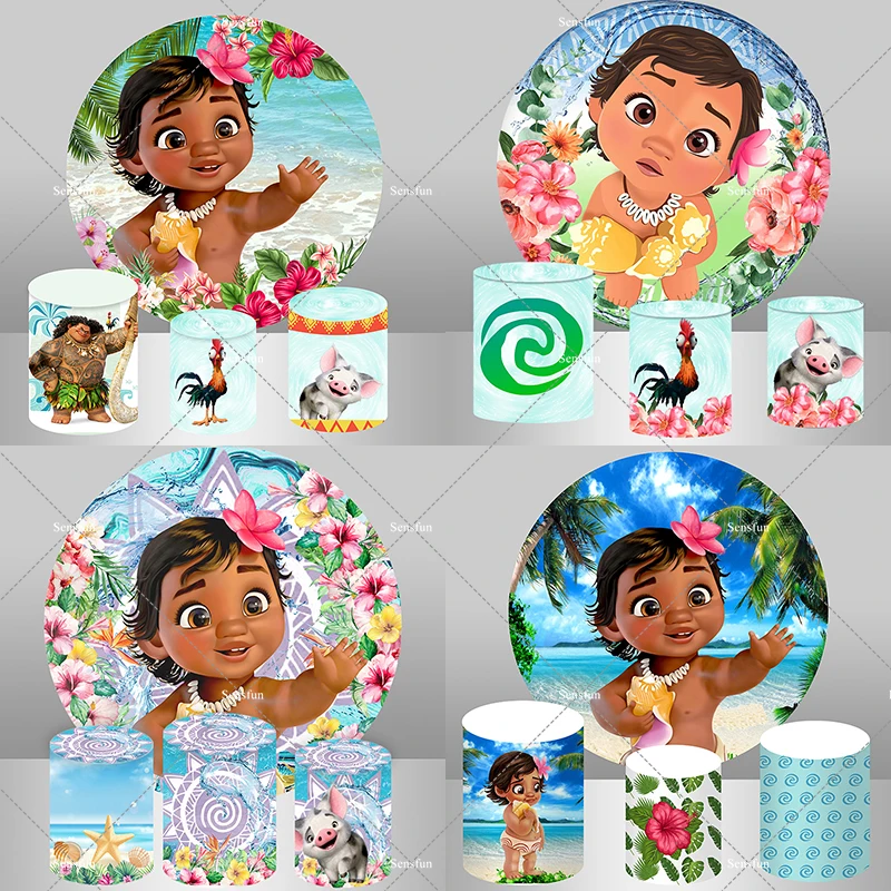 

Baby Moana Circle Round Backdrop Cover For Baby Shower Girls 1st Birthday Party Background Cylinder Covers Ocean Summer Banner