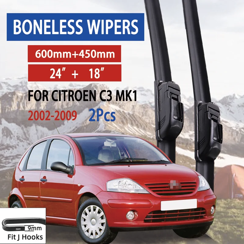 

For Citroen C3 MK1 2002-2009 Car Windshield Wiper U-type Soft Rubber Frameless Bracketless Car Wipers 24"+18"