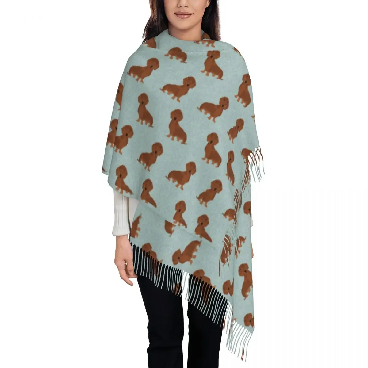 Dachshund Dog Scarf for Womens Winter Warm Cashmere Shawls and Wrap Animal Wiener Dog Long Scarves with Tassel Daily Wear