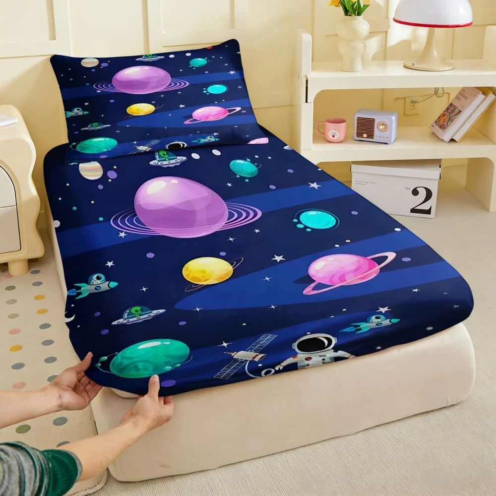 1pc Cartoon Space Planets Astronaut Print Fitted Sheet Deep Pocket Elastic Mattress Cover Single Double Queen King Bedroom Decor