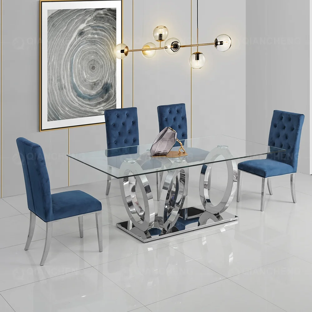 Modern dining room furniture dining table sets 6 chairs metal stainless steel glass dining tables