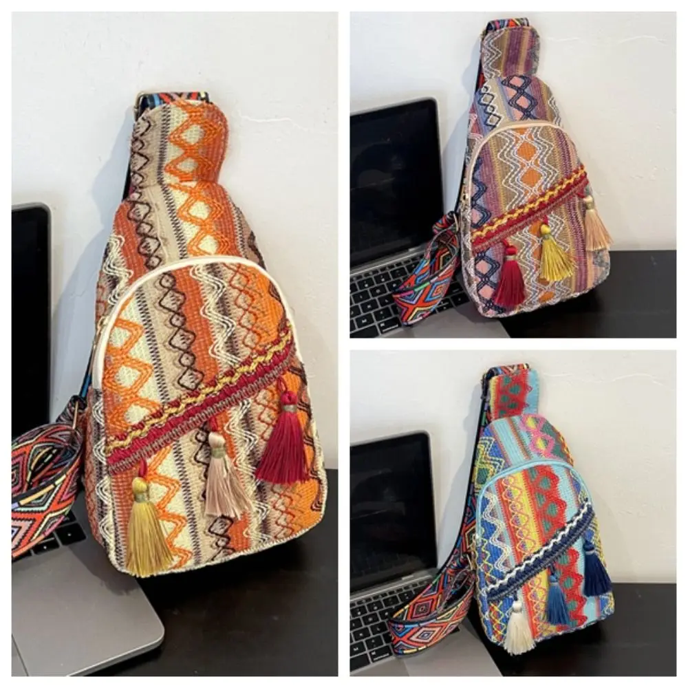 Bolso de hombro bohemio con borlas, bandolera de estilo étnico colorido, tejido de estilo coreano, combina con todo, bolso de pecho con flecos