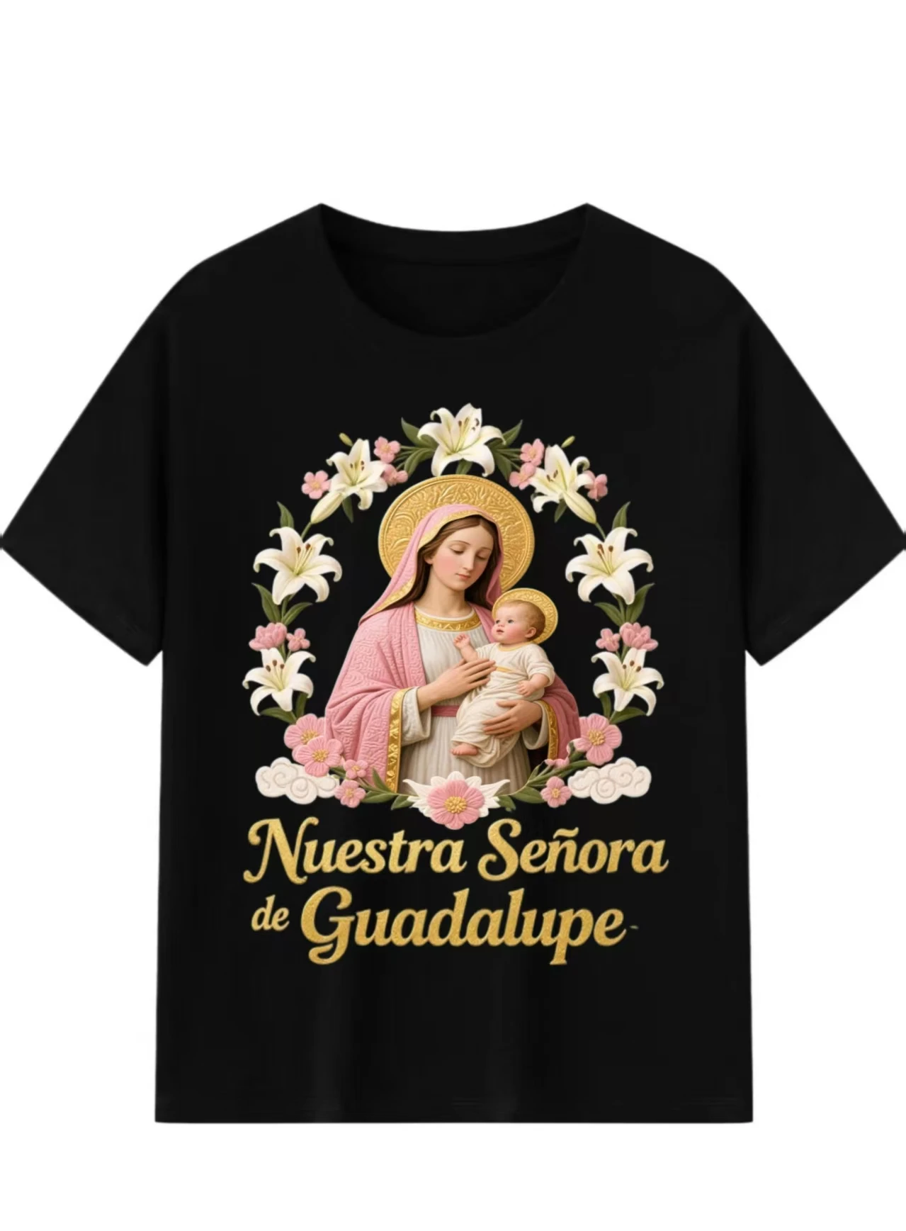 

Nuestra Se ñ ora de Guadalup Pattern Cotton T-Shirt, Casual, Versatile, Breathable, And Comfortable For Both Men And Women.