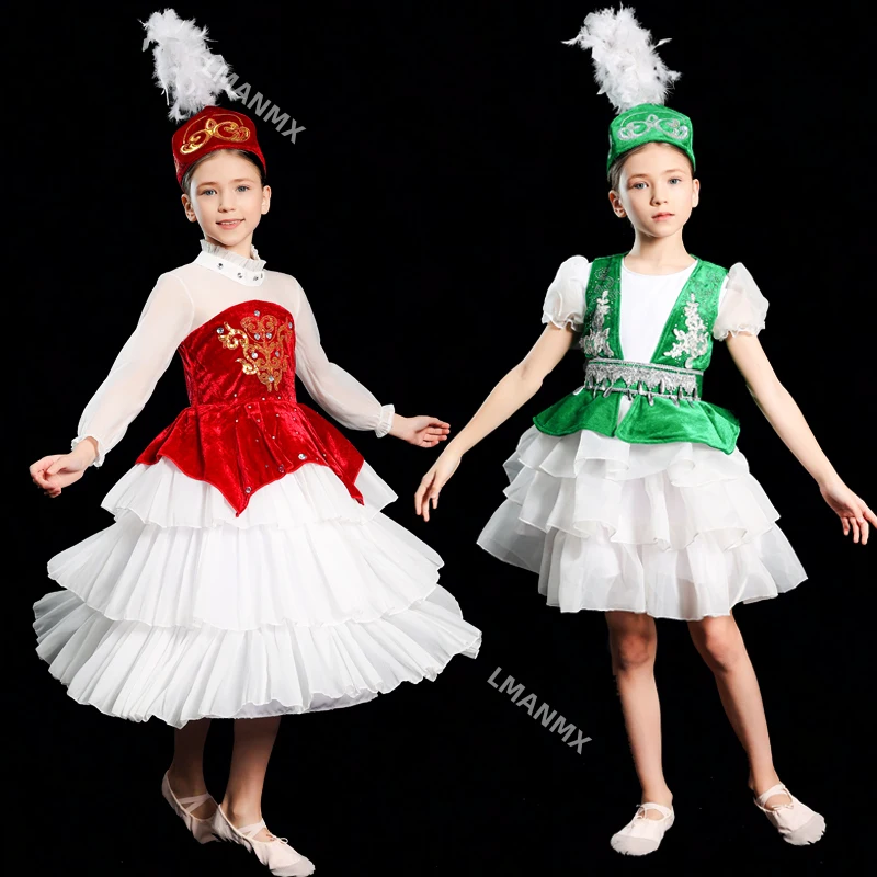 

Детский казахский этнический костюм для выступлений, Синьцзян-уйгурский таджик, танцевальный костюм этнического меньшинства, женский