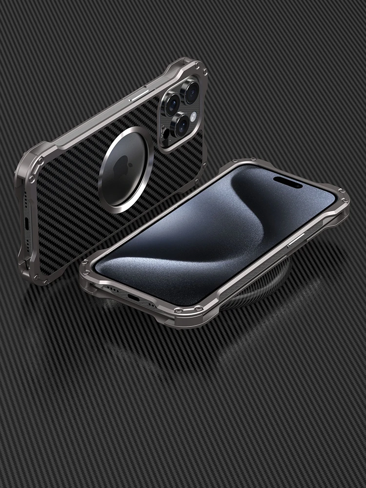 R-JUST Luxury Metal Cover For iphone 15 Pro Max Case 14 Plus 13 Pm 12 Shell Funda Carbon Fiber Back WIth Camera Lens Protector