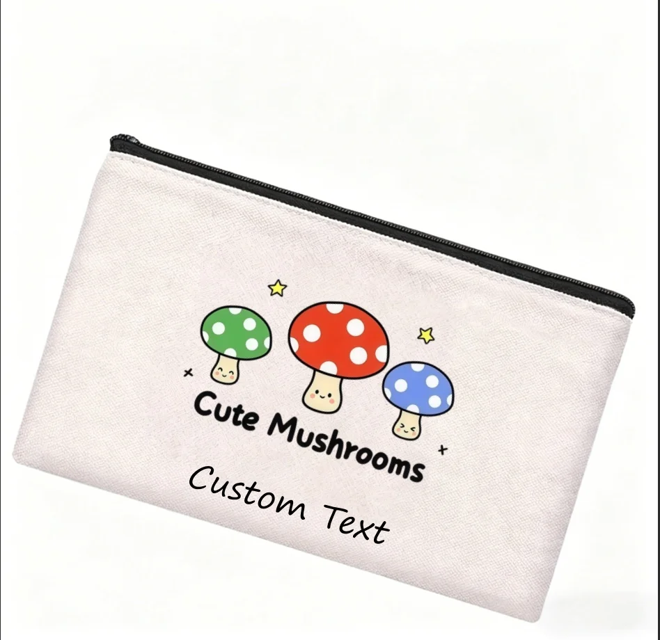 1PC Custom Text Cute Colorful Mushroom Cosmetic Bag Personalized Canvas Zipper Makeup Storage Pouch