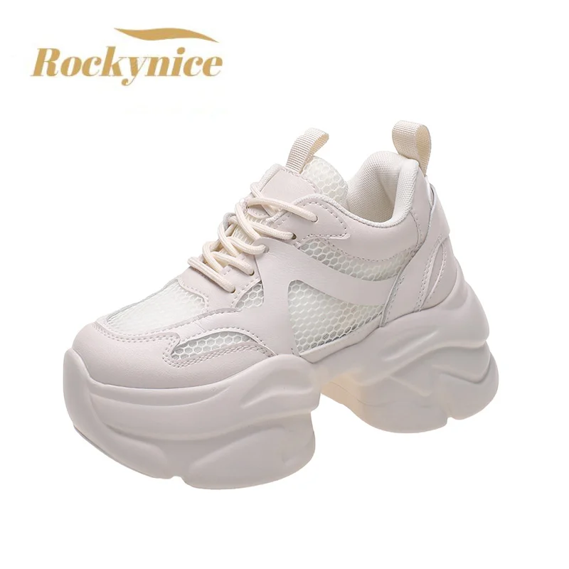 

Women High Heels Chunky Platform Leather Sneakers Thick Bottom Vulcanize Shoes Woman New Spring Autumn 8CM Increase Casual Shoes