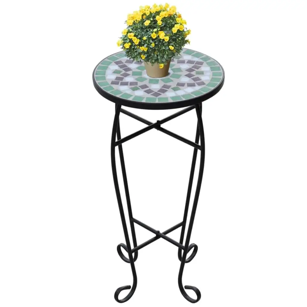 Green & White Mosaic Plant Side Table - Stylish Accent Table for Home Decor