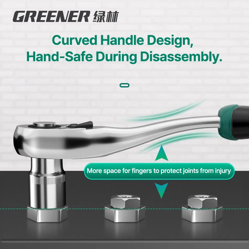 GREENER 1/4 3/8 1/2 Drive 72 Tooth Ratchet Wrench Set CR-V Steel Extendable Handle Quick Release Reversible For Auto Home Repair