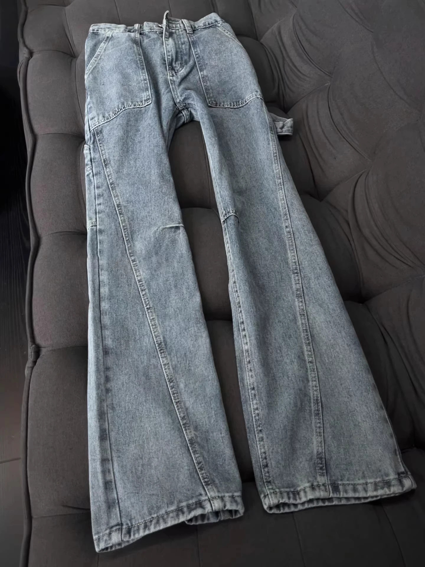 

Мужские рабочие джинсы в стиле ретро, синие, с большими карманами, прямой крой, слегка расклешенные, в американском уличном стиле