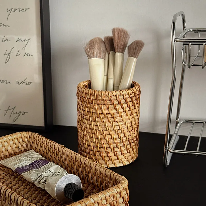 Natural Rattan Woven Multi Purpose Pen Holder Makeup Brush Organizer Desktop Storage Bucket for Home Vanity Student Office Desk