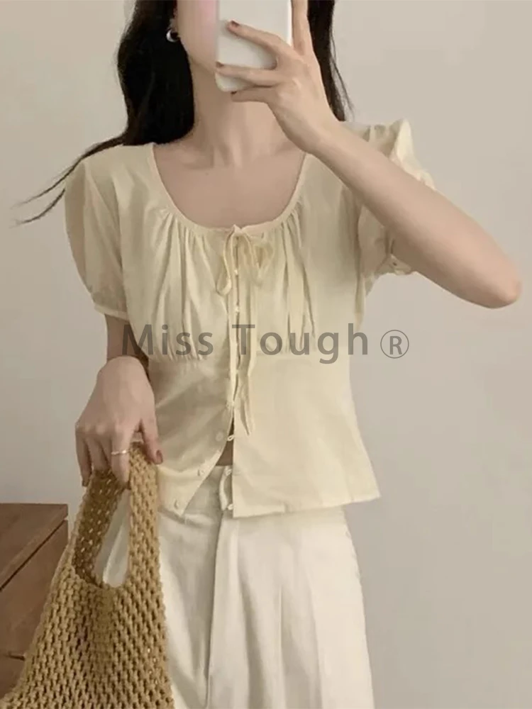 Chic Summer Round Neck Pleat Slim Shirt Women Elegant Lace Up Single Breasted Office Blouses Fashion Puff Sleeve Shirts Top 2024