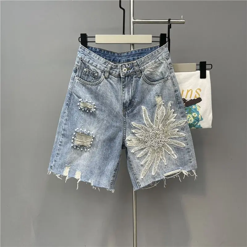

High Waist Wide Leg Straight Cut Denim Shorts Women's Heavy Embellished 3D Floral Hole Light Blue Jeans E8923