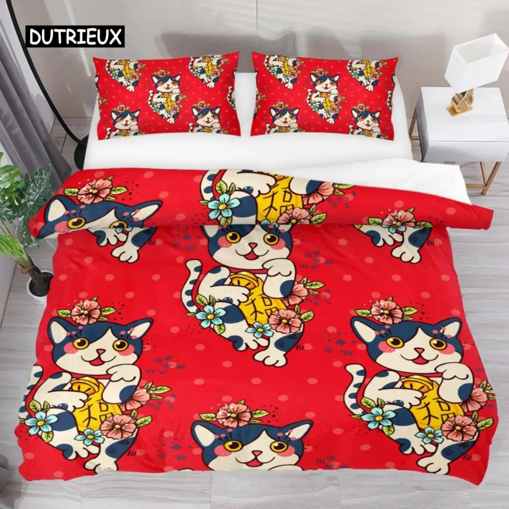 

Japanese Lucky Cat Duvet Cover Set Kawaii Cats Bedding Set for Kids Boys Girls Exotic Style Black White Kitten Comforter Cover