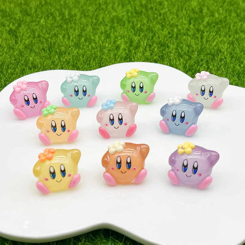 10 buah/Set Aksesori bercahaya Kirby lucu dekorasi mode Swakarya tokoh Anime Resin Brinquedos mainan ulang tahun anak hadiah Natal pasang Mainan