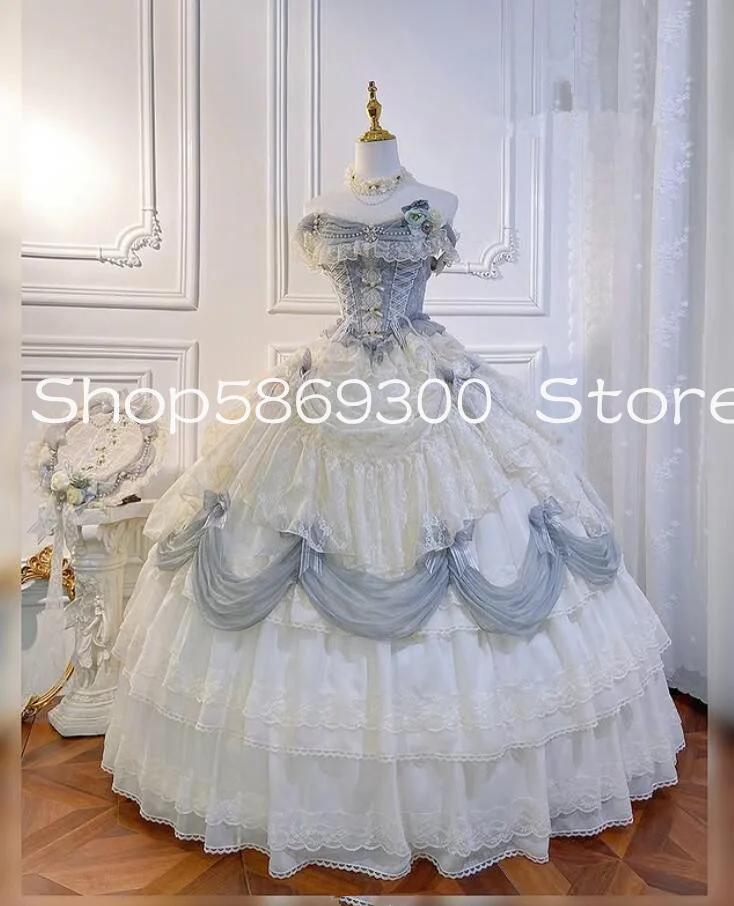 Ivory Silver Lolita Prom Dresses 2025 Off Shoulder Ruched Bow Victorian Costume Rococo Customsized Evening Gown Garment