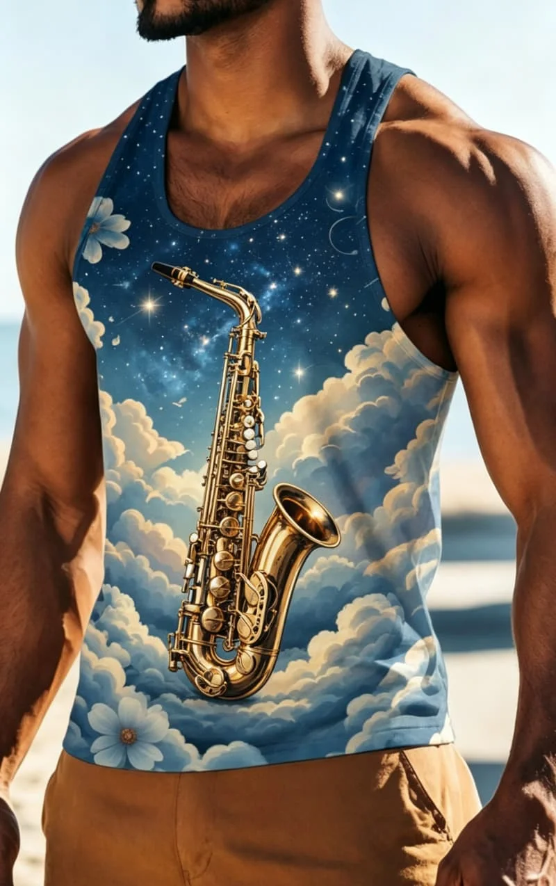 Men's Starry Sky and Musical Instrument Printed Sleeveless Tank Top, for  Beach Travel, Daily Travel, and Casual Dressing