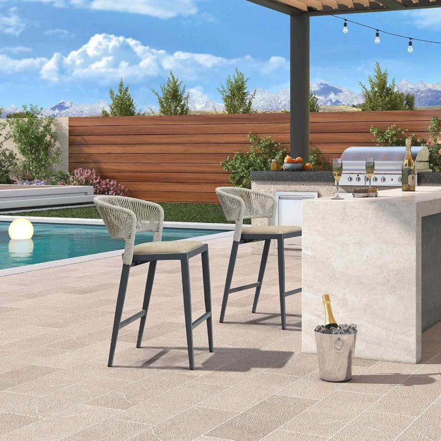 Barkruk op tegenhoogte, set van 2 buitenbarkrukken, moderne barkrukken, rieten barkrukken voor keuken, donkergrijs eilandcha