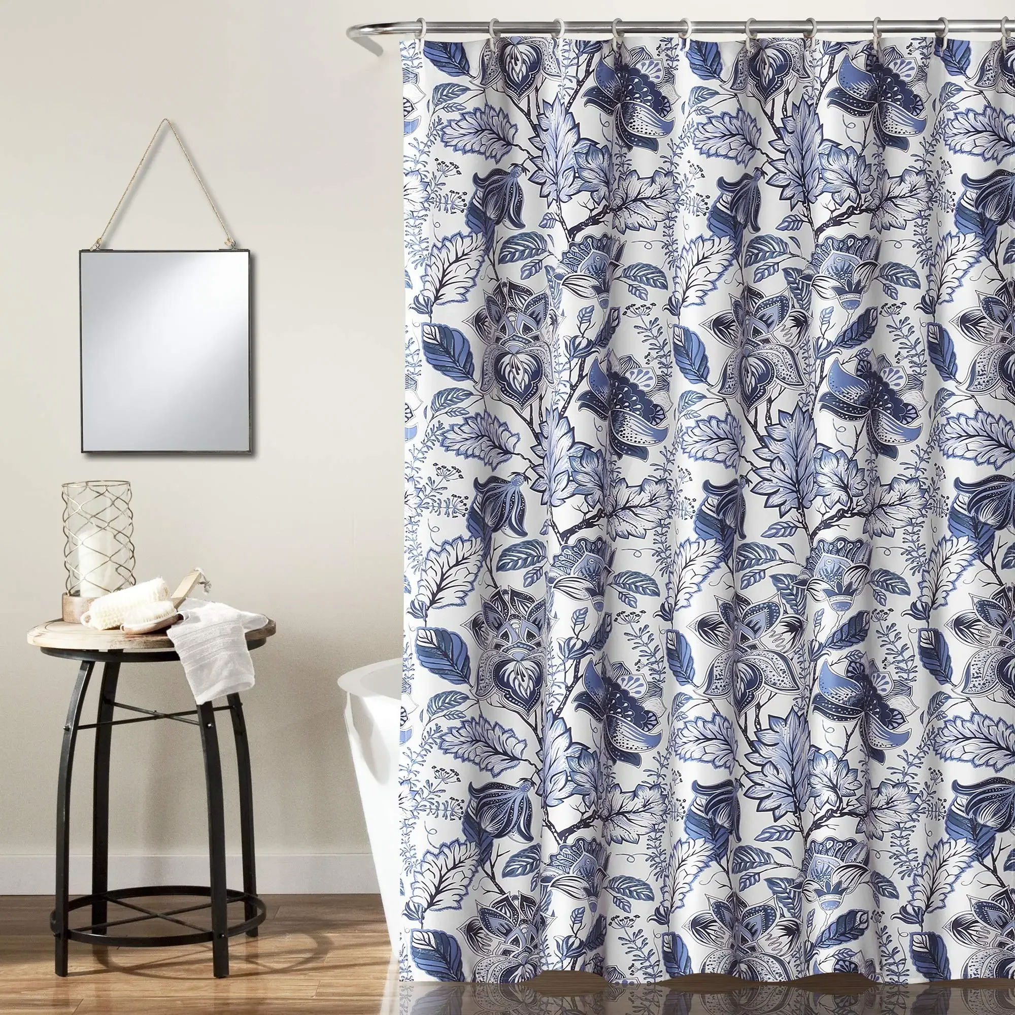 Blue Classic Flower Garden Shower Curtain,Fabric Floral Print Design Blue Leah Shower Curtain,Bathroom Elegant Floral Bath Decor