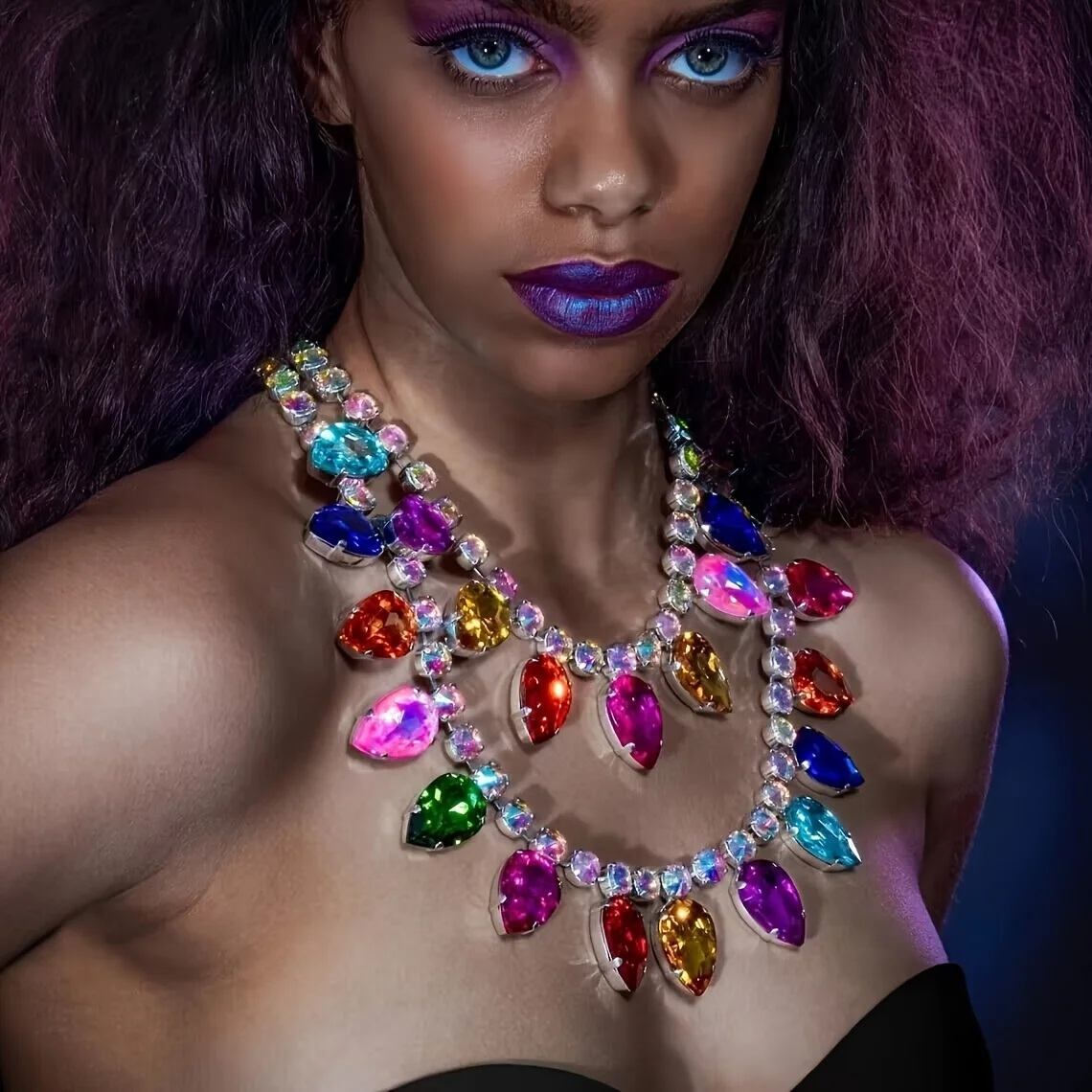 Multicolour Water Drop Crystal Necklace Oversized Statement Layered Rhinestone Choker Necklace for Women Holiday Party Jewelry