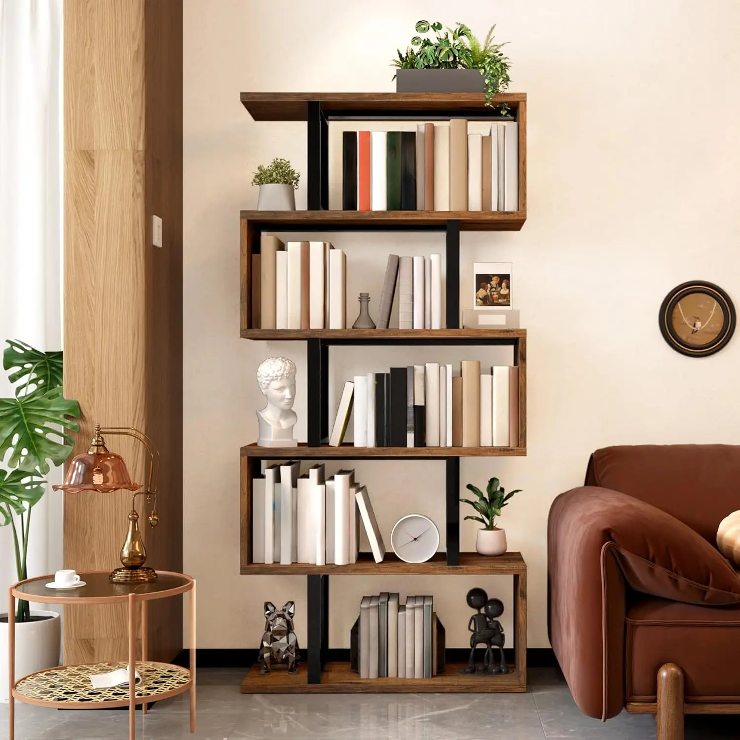

Geometric Bookshelf, 6-Tier Industrial Bookshelf S-Shaped Bookshelves, Geometric Bookcase Freestanding Multifunctional Storage