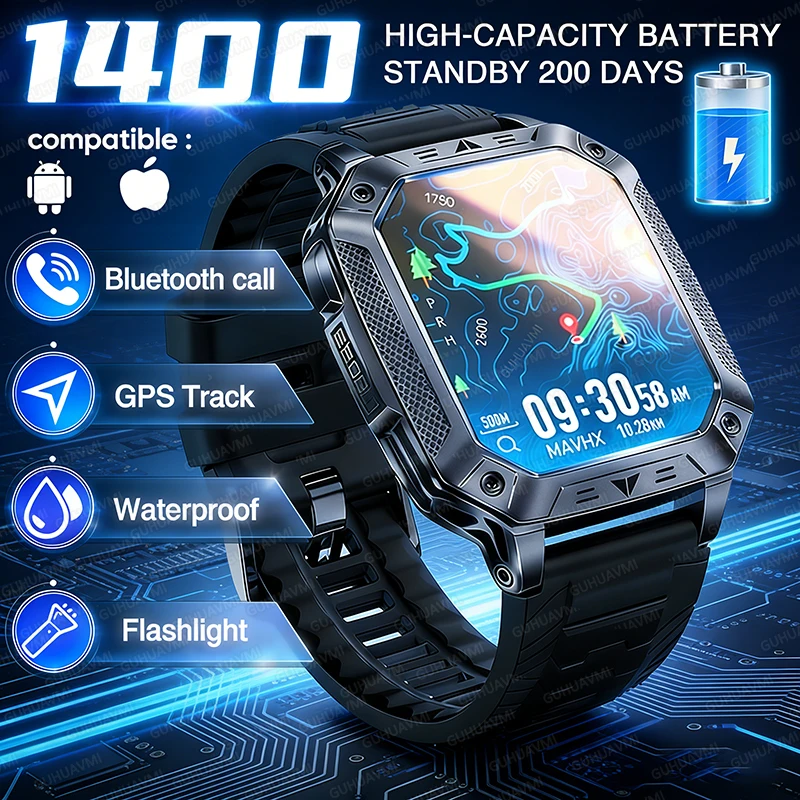 

[2026 Men] 1400mAh Biggest Battery GPS Smart Watch 10ATM Waterproof Rugged Military Sport Clock New-Gen Outdoor Survival Watches