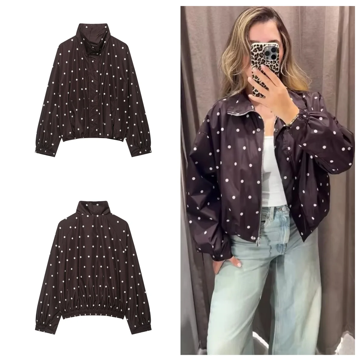 Guobioziy Women's Loose Jacket 2026 Autumn New Long-Sleeve Polka Dot Bomber Jacket Women's Casual Fashion Jacket Top
