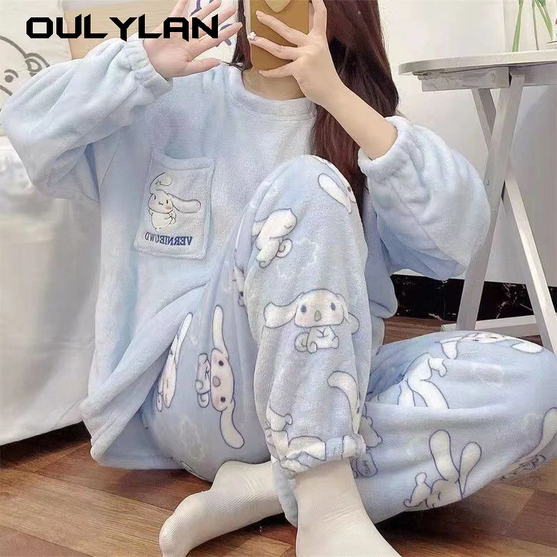 Flannel Women\'s Pajamas Sets Autumn Winter Sleepwear Love Printed Striped Velvet Pyjama Ladies Pijama Mujer 2 Piece Pjs Homewear