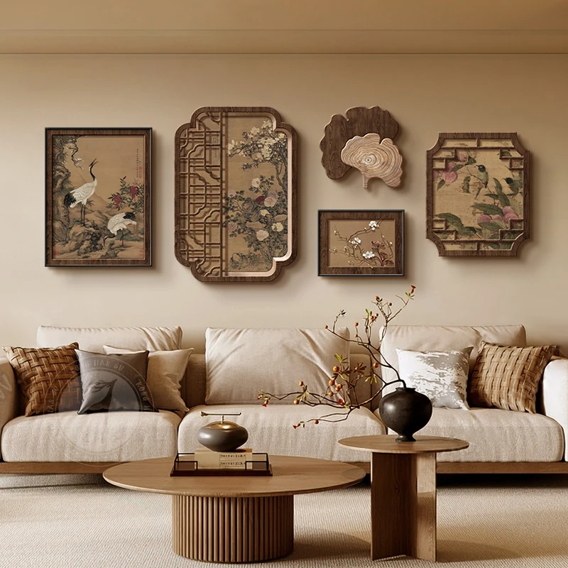 w*-Song Dynasty aesthetic tea room atmosphere layout decorative painting study flower and bird mural Chinese living room.