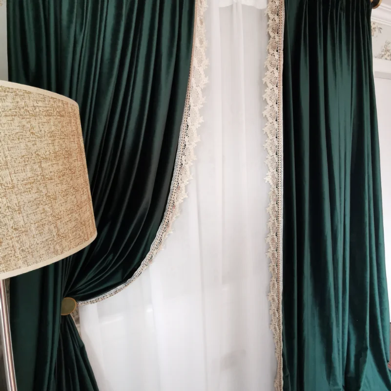 

French Retro Curtains for Living Room Luxury Dark Green Lace Velvet Cortina Blackout Curtains Without Inverted Fur Window Custom