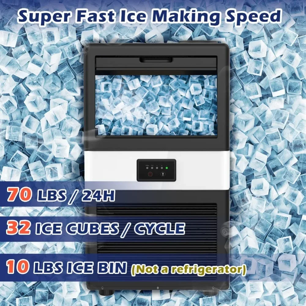 Máquina de hielo comercial, 70lbs/24H, máquina de hielo bajo encimera con contenedor de 10lbs, 2 modos de entrada de agua, autolimpieza, Ideal para Bar