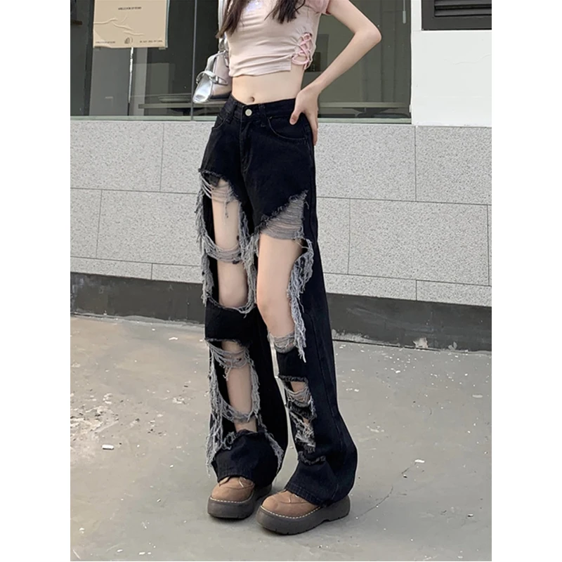 American High Street Jeans Women Button Zipper Pocket Hole Hotsweet High Waist Loose Full Length Straight Wide Leg Denim Pants