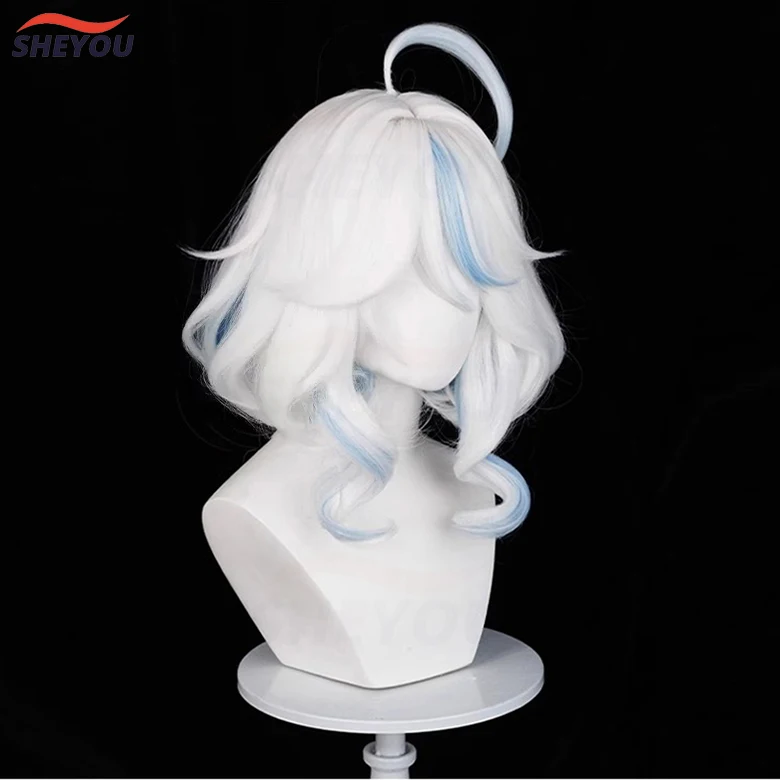 Fontaine Focalors-Perruque Cosplay Courte Bouclée pour Femme, Perruques Anime, Bonnet, Perruques Blanches et Bleues, Degré de Chaleur