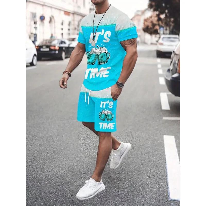 2025 Personalized 3D Printed Round Neck Short sleeved T-shirt and Shorts Set for Summer Men's Daily Leisure Sports Street Travel