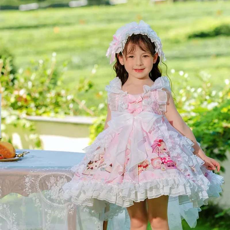 Vestido de baile de Lolita español Vintage de encaje de malla azul de manga corta para niña, vestido de princesa para fiesta de cumpleaños de pascua Eid