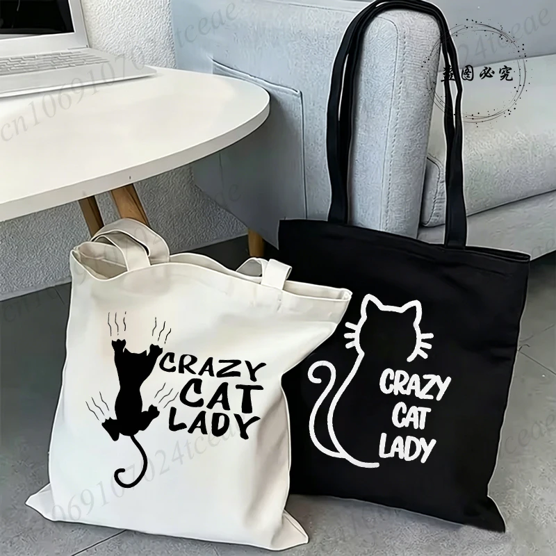 Anime Canvas Tote Summer Style Shopping Bag with Crazy Cat Lady Printed Beach Bag Summer Fashion Shoulder Handbags Bag