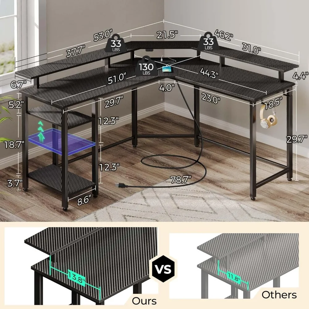 L-Shaped Gaming Desk with LED Lighting and Power Outlets, 46.2-inch Computer Desk featuring Full Monitor Stand and Storage Shelf